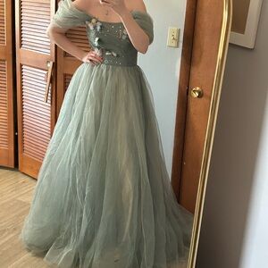 Elegant Off-Shoulder Gown in Sage Green